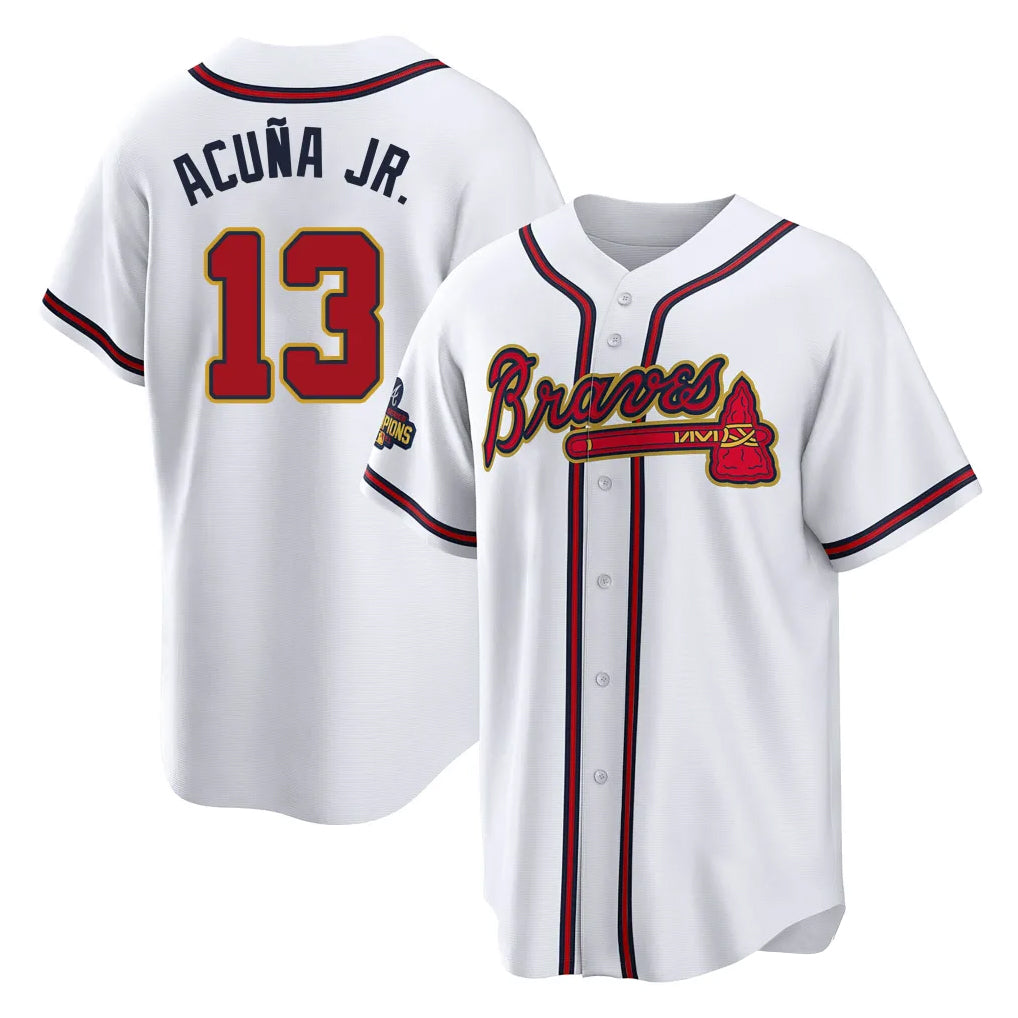 Atlanta Braves #13 Ronald Acuna Jr Player White Gold HeidiMiller Home Game Stitched Jerseys