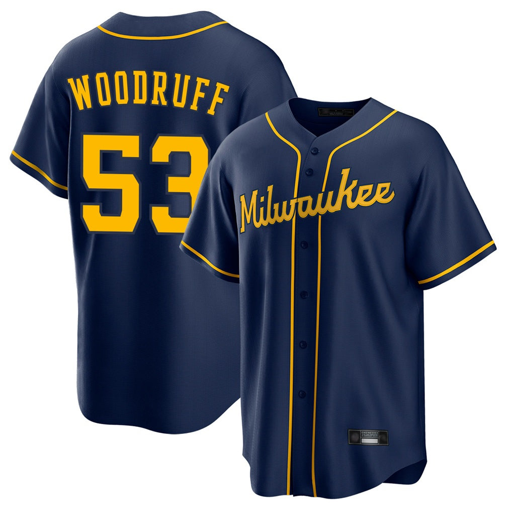 Milwaukee Brewers #53 Brandon Woodruff Player Navy HeidiMiller Home Game Stitched Jerseys