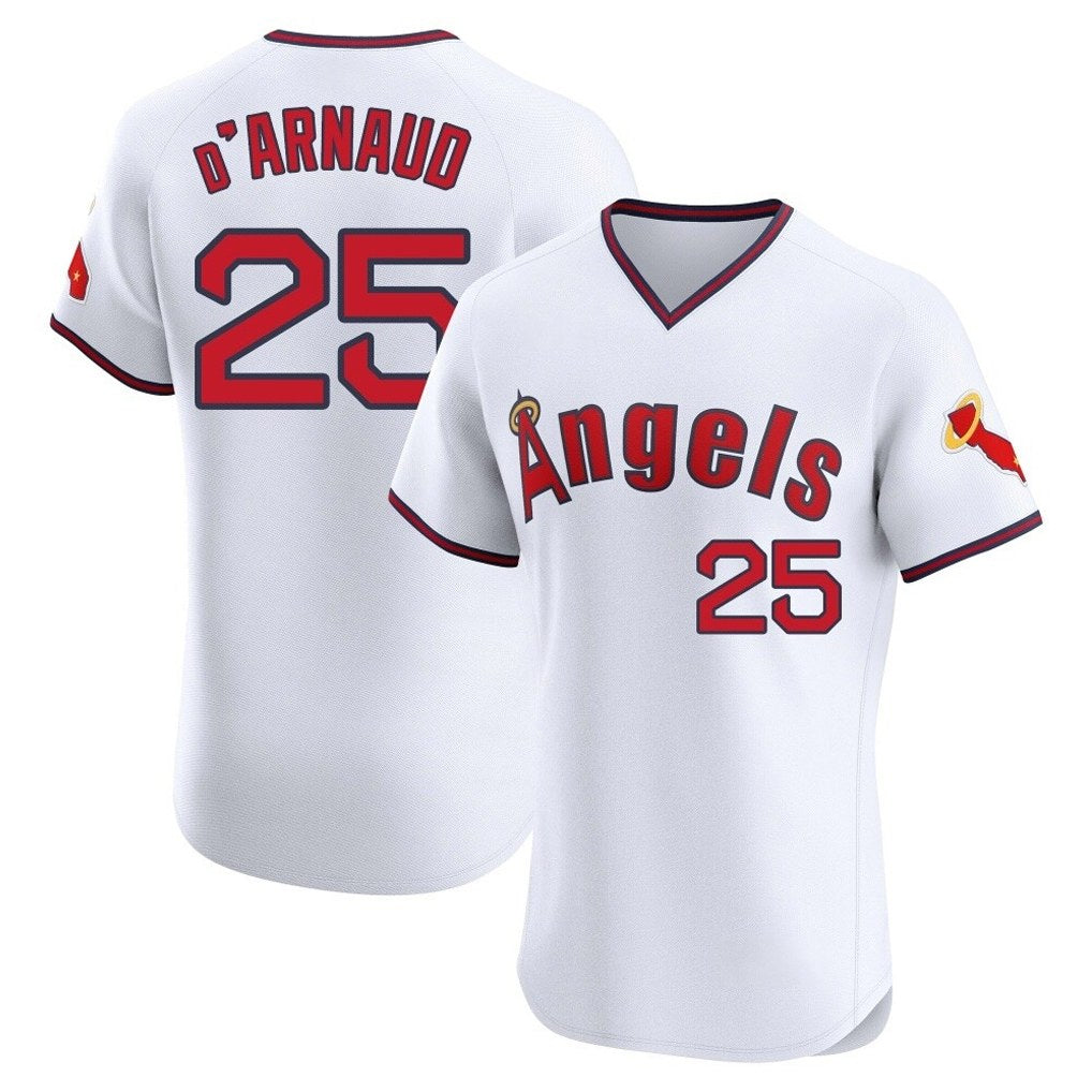 Los Angeles Angels #25 Travis d'Arnaud Player White HeidiMiller T-shirt Home Limited Elite Stitched Jerseys