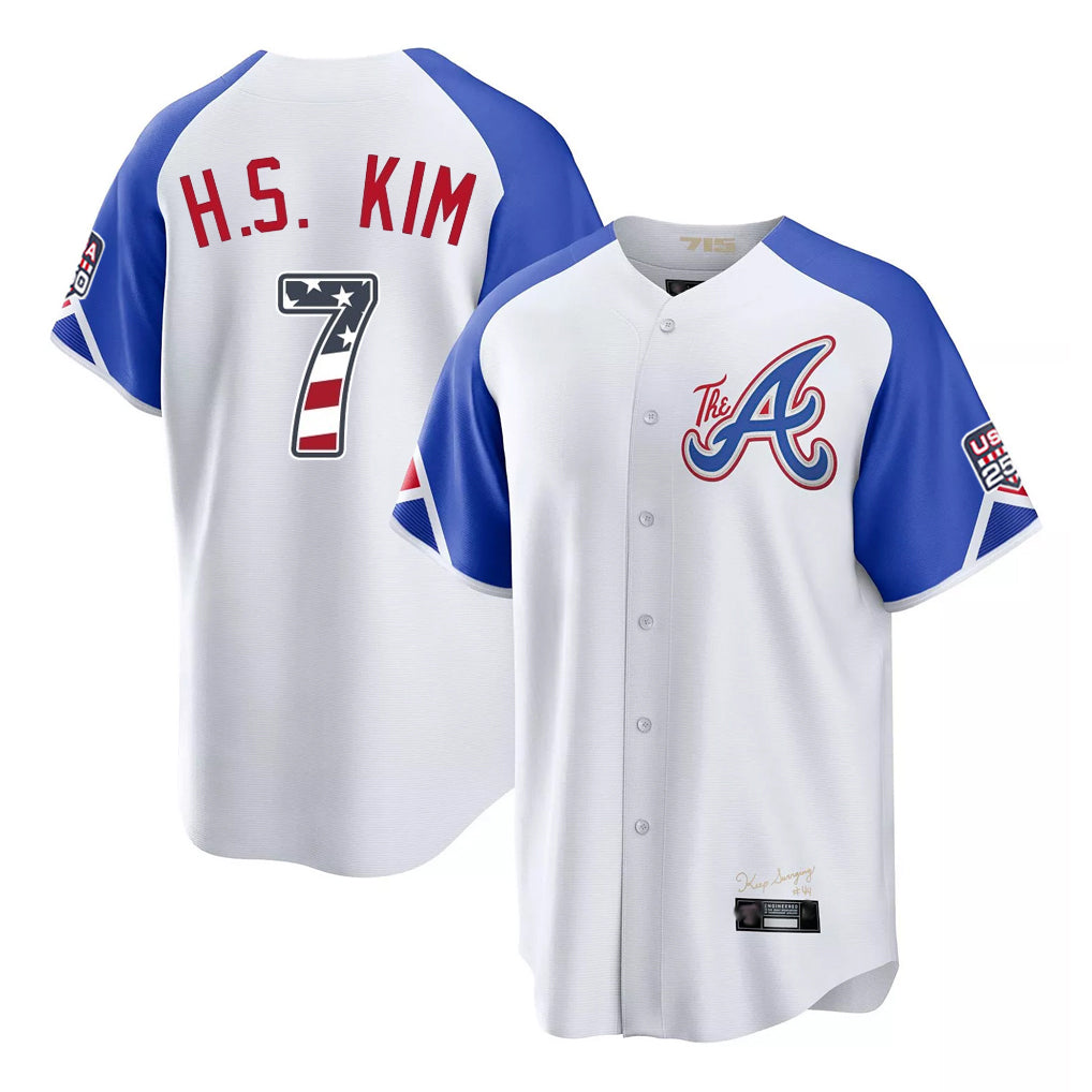 Atlanta Braves #7 Ha-Seong Kim Player White HeidiMiller USA 250 Fourth Of July City Connect Home Game Stitched Jerseys