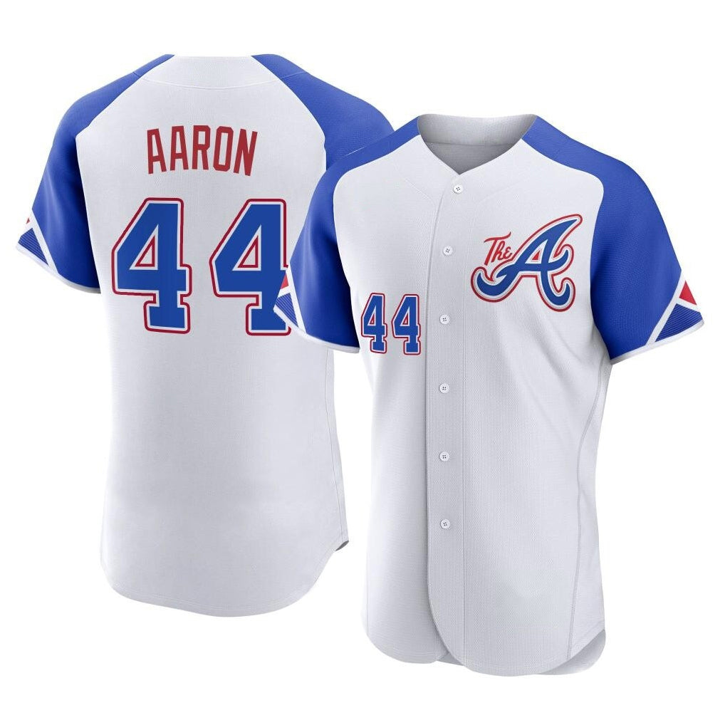 Atlanta Braves #44 Hank Aaron Player White HeidiMiller City Connect Limited Elite Home Game Stitched Jerseys