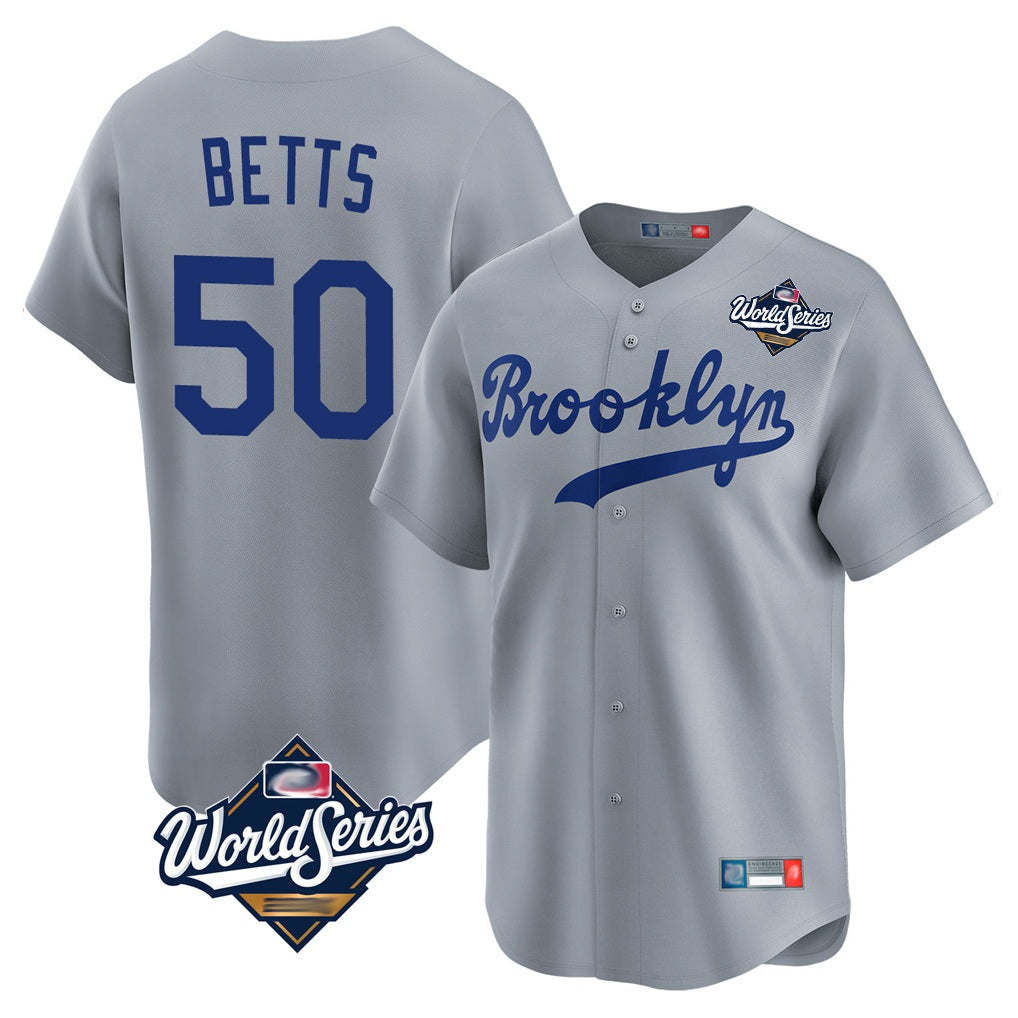Los Angeles Dodgers #50 Mookie Betts Player Gray HeidiMiller World Series Game Limited Home Stitched Jerseys