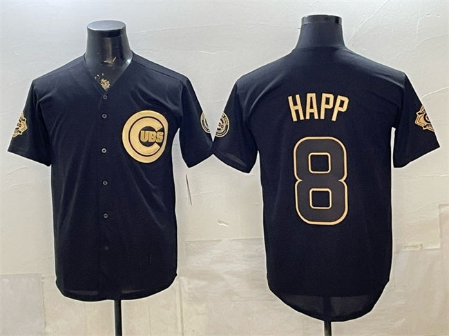Chicago Cubs #8 lan Happ Black Gold HeidiMiller 150th Anniversary Patch Stitched Jersey