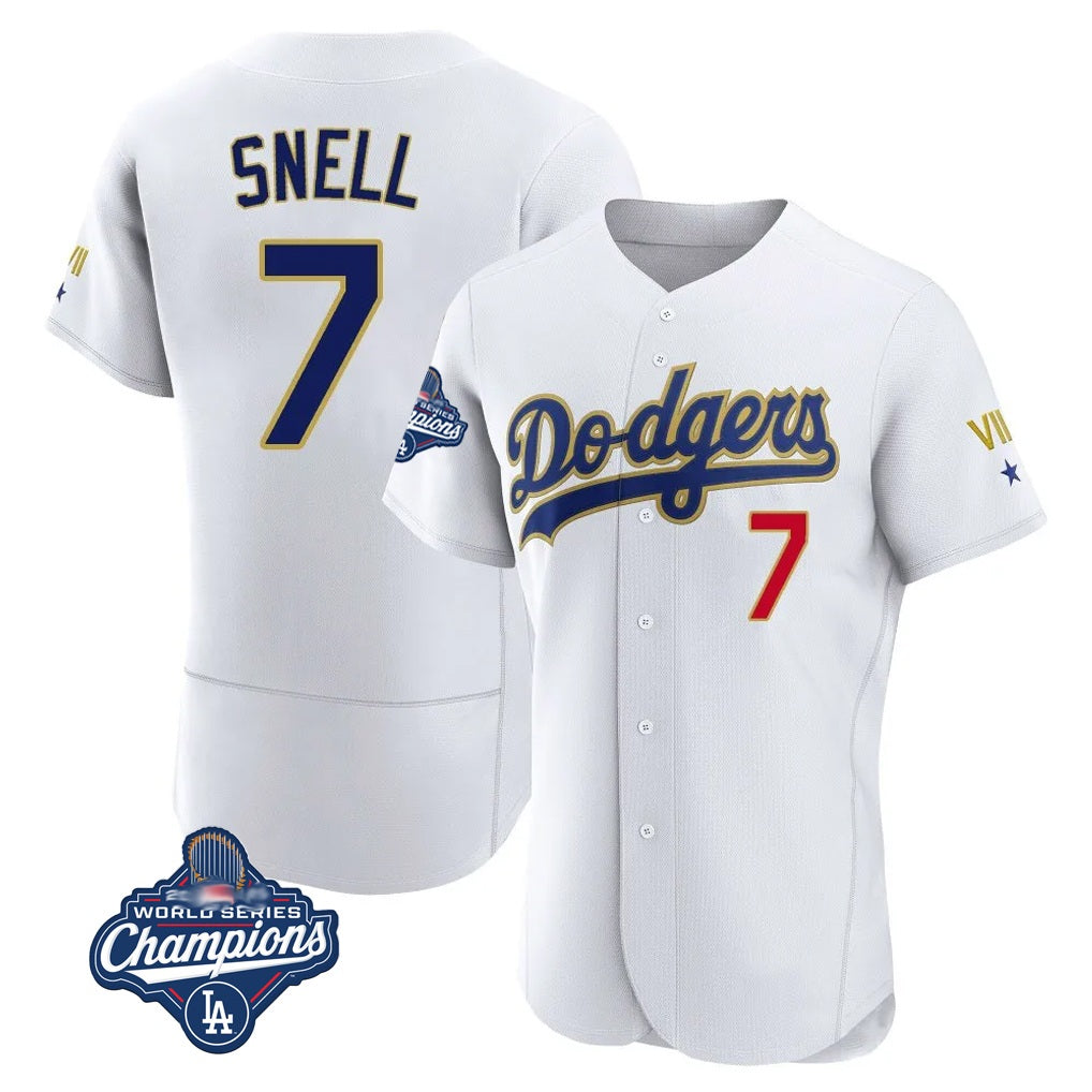 Los Angeles Dodgers #7 Blake Snell Player Gold White HeidiMiller 2026 Collection Stadium Limited Elite World Series Meet Stitched Jerseys