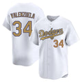 Los Angeles Dodgers #34 Fernando Valenzuela Player White Gold HeidiMiller Collection Limited Home Stitched Jerseys