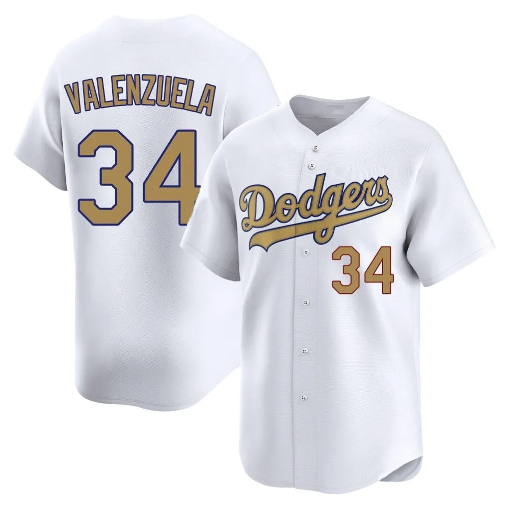 Los Angeles Dodgers #34 Fernando Valenzuela Player White Gold HeidiMiller Collection Limited Home Stitched Jerseys