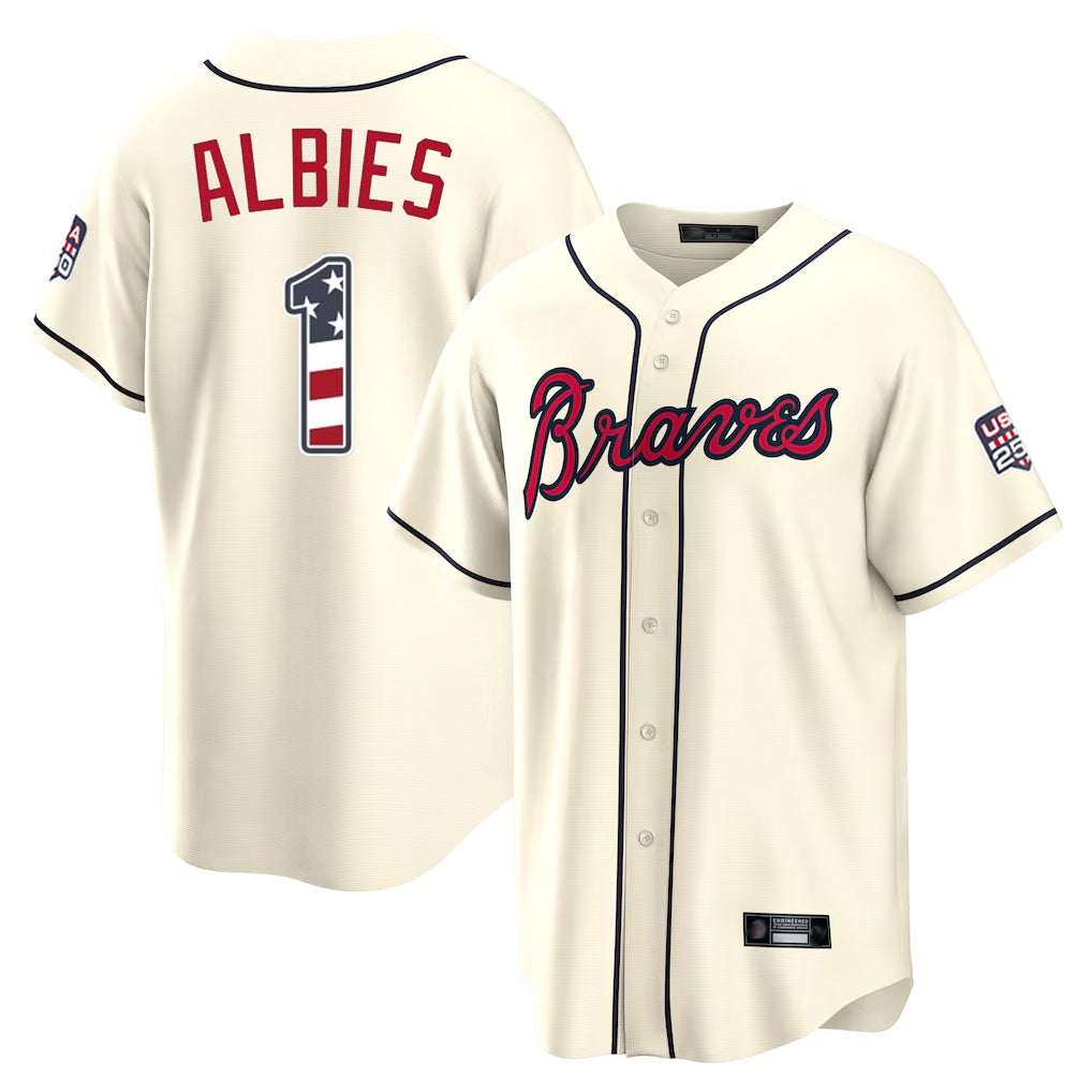 Atlanta Braves #1 Ozzie Albies Player Cream HeidiMiller USA 250 Fourth Of July Limited Home Game Stitched Jerseys