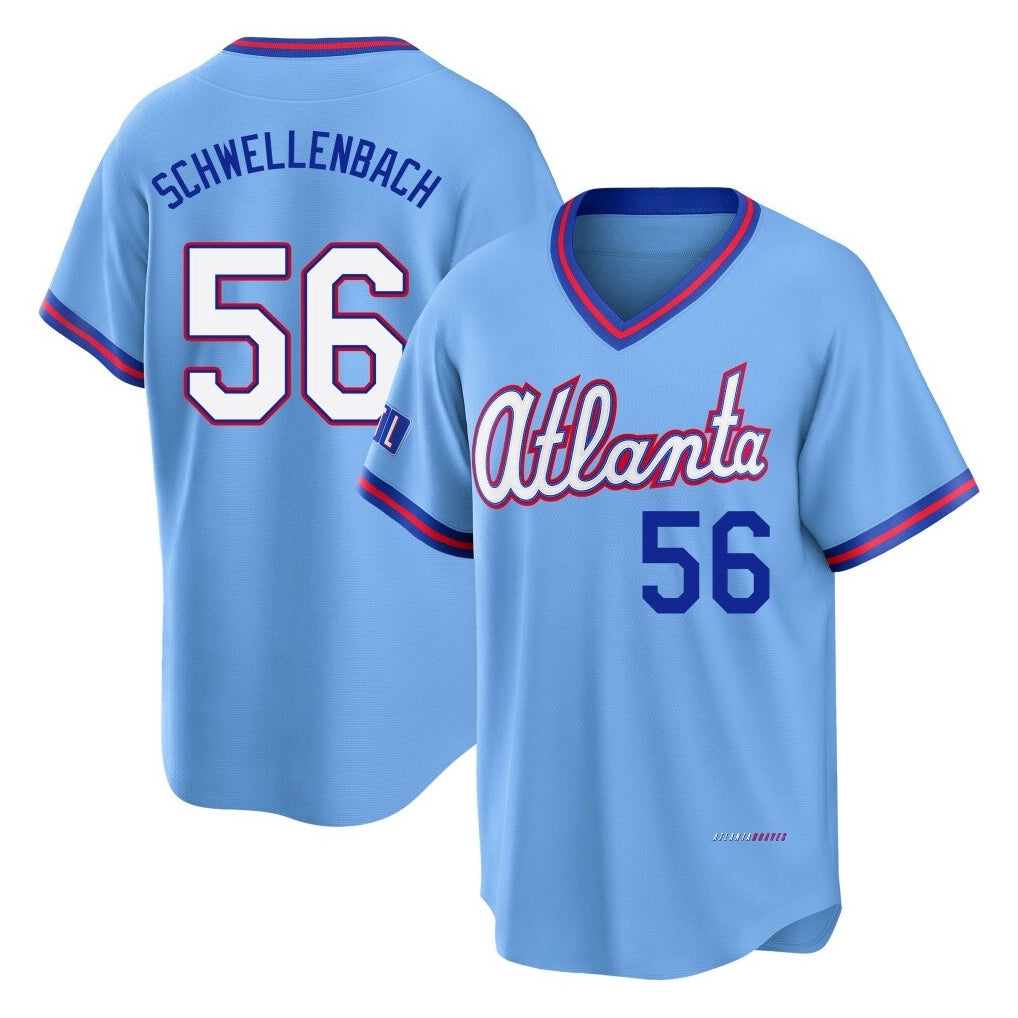 Atlanta Braves #56 Spencer Schwellenbach Player Powder Blue HeidiMiller 2026 City Connect T-shirt Home Game Stitched Jerseys