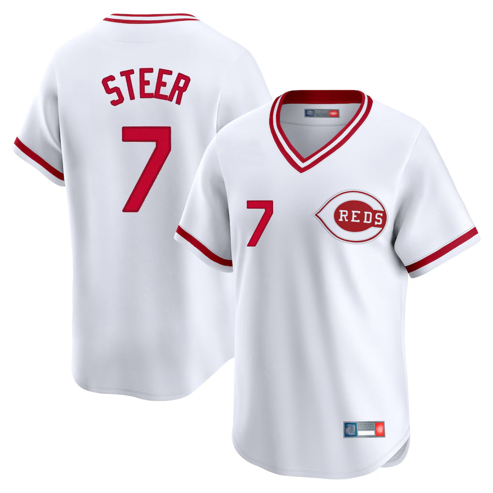 Cincinnati Reds #7 Spencer Steer Player White HeidiMiller Cooperstown Collection Limited T-shirt Home Stitched Jerseys
