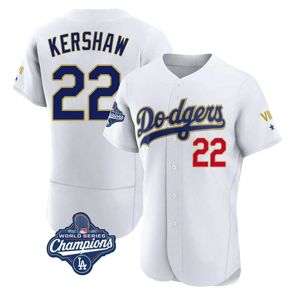 Los Angeles Dodgers #22 Clayton Kershaw Player Gold White HeidiMiller World Series Meet 2026 Collection Stadium Limited Elite Stitched Jerseys