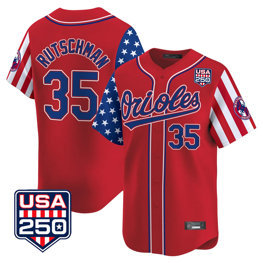 Baltimore Orioles #35 Adley Rutschman Player Red HeidiMiller USA 250 Independence Day Vapor Premier Limited Home Game Stitched Jerseys