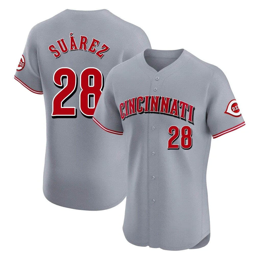 Cincinnati Reds #28 Eugenio Su¨¢rez Player Gray HeidiMiller Limited Elite Home Stitched Jerseys