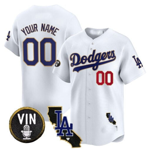 Custom Los Angeles Dodgers Vin & California Patch Gold Trim Vapor Premier Limited Jersey ¨C White HeidiMiller