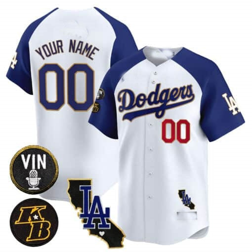 Custom Los Angeles Dodgers Vin Patch & Kobe Bryant Gold Trim Vapor Premier Limited Jersey V2 ¨C White 2 HeidiMiller