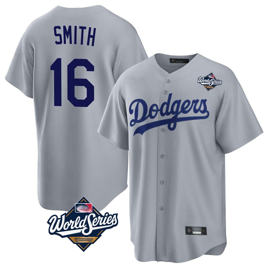 Los Angeles Dodgers #16 Will Smith Player Gray HeidiMiller World Series Game Stitched Jerseys
