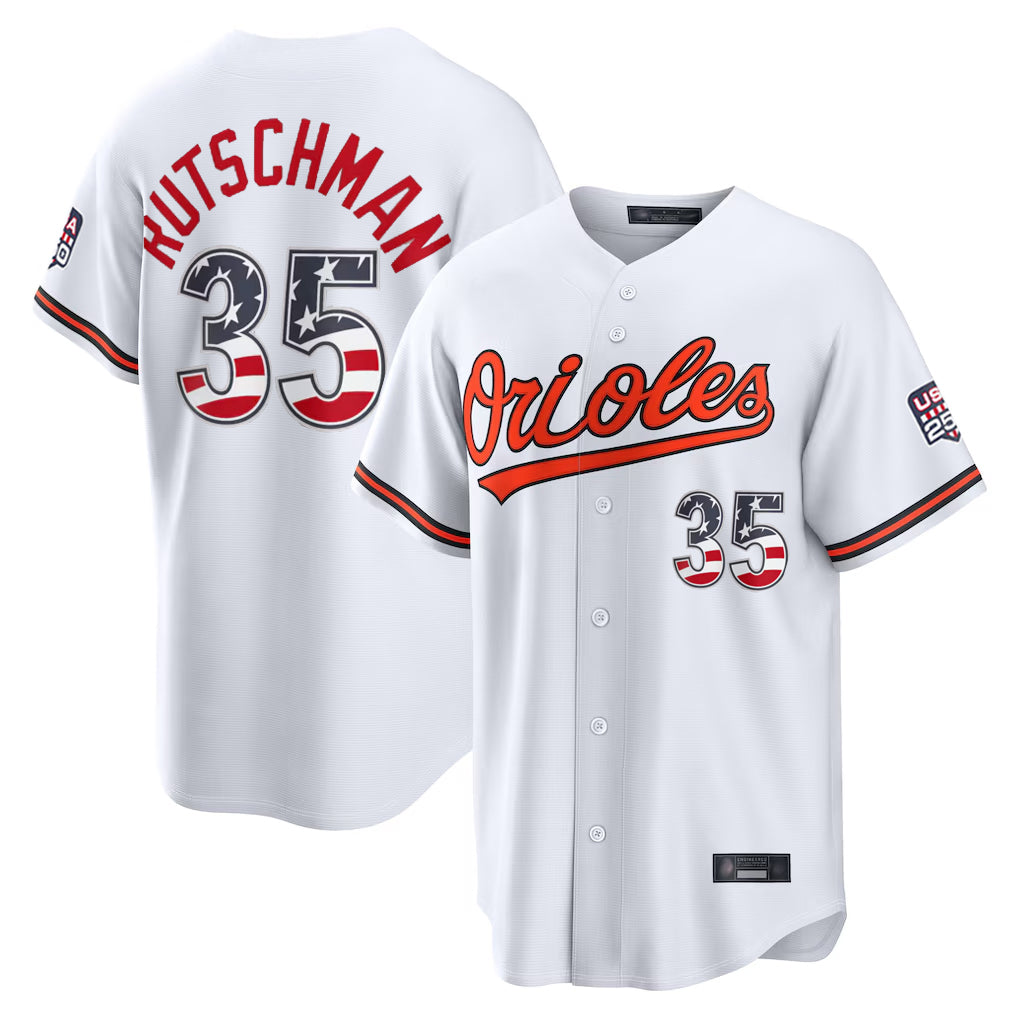 Baltimore Orioles #35 Adley Rutschman Player White HeidiMiller USA 250 Fourth of July Home Game Stitched Jerseys