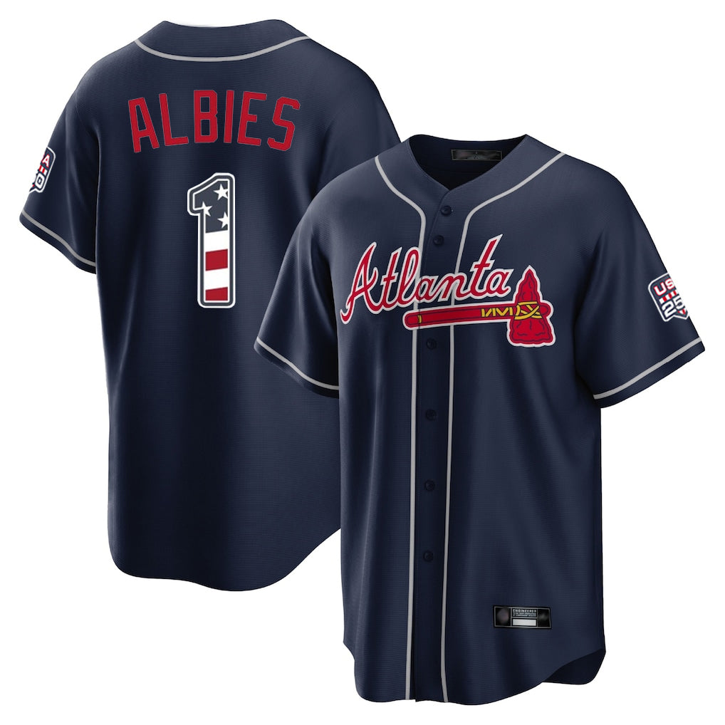 Atlanta Braves #1 Ozzie Albies Player Navy HeidiMiller USA 250 Fourth Of July Limited Home Game Stitched Jerseys