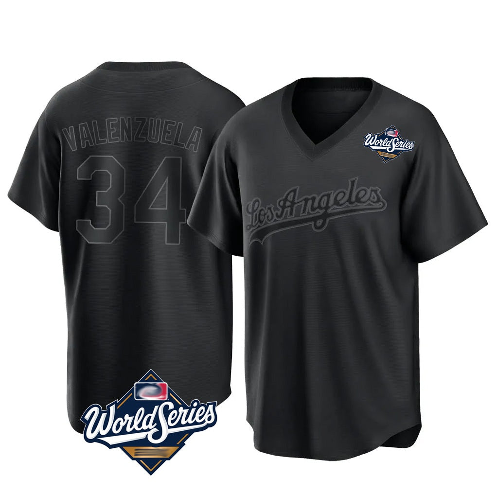 Los Angeles Dodgers #34 Fernando Valenzuela Player Black HeidiMiller World Series Pitch Fashion T-shirt Stitched Jerseys