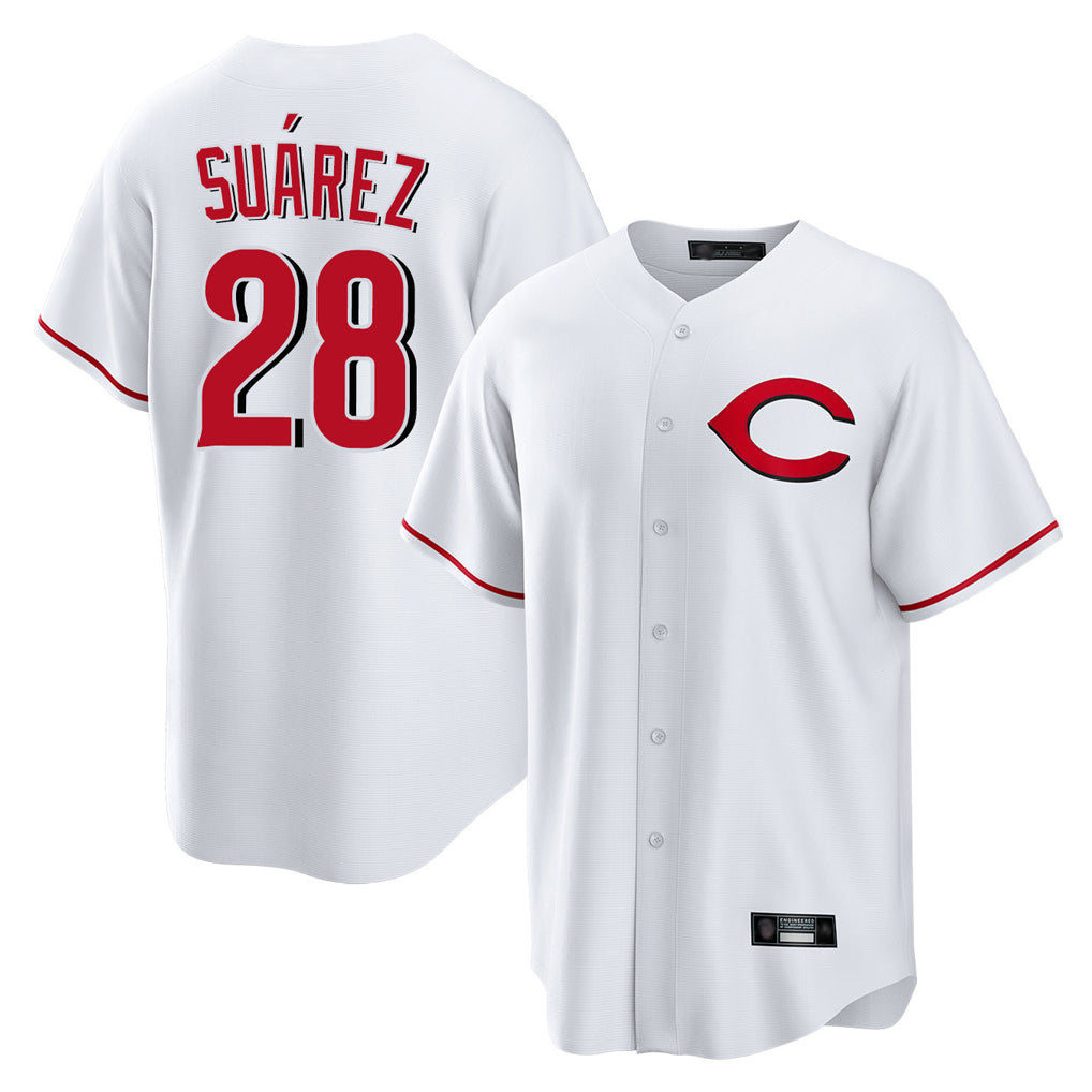 Cincinnati Reds #28 Eugenio Su¨¢rez Player White HeidiMiller Home Game Stitched Jerseys