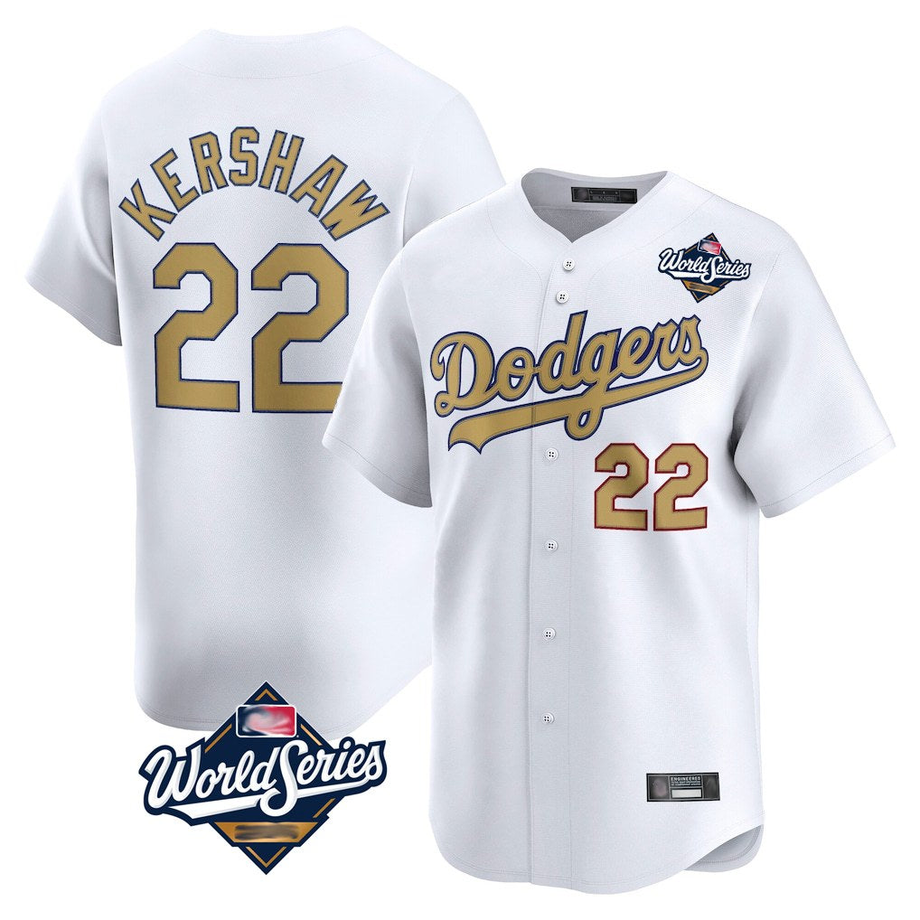 Los Angeles Dodgers #22 Clayton Kershaw Player White Gold HeidiMiller World Series Collection Limited Home Stitched Jerseys