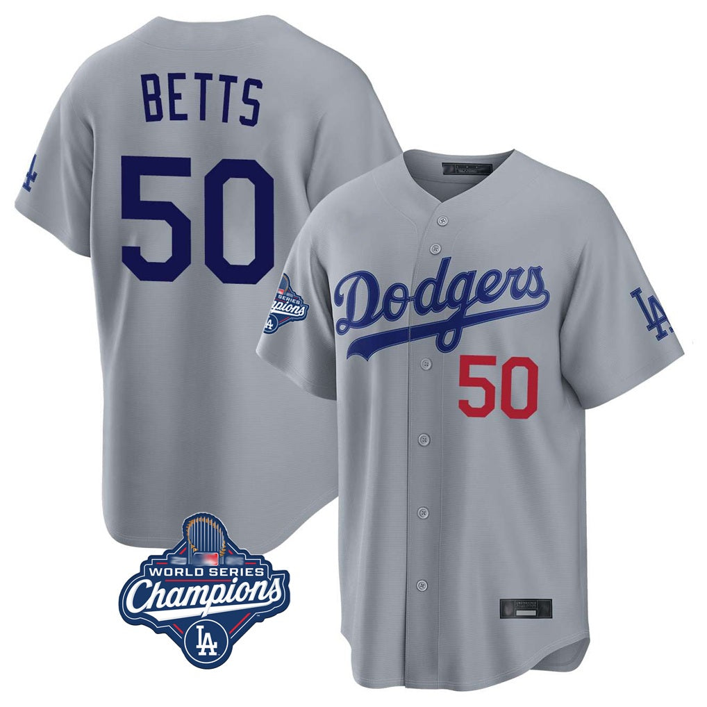 Los Angeles Dodgers #50 Mookie Betts Player Gray HeidiMiller World Series Meet Game Home Stitched Jerseys