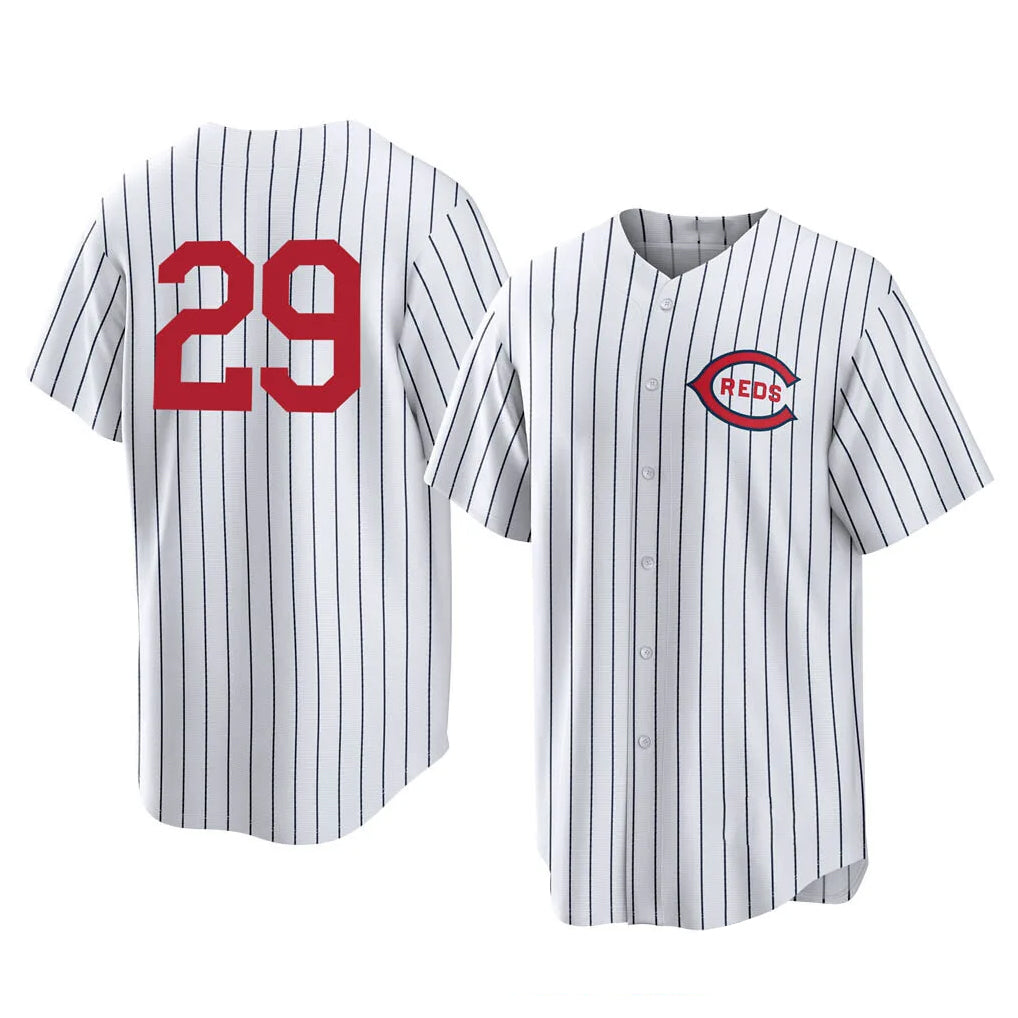 Cincinnati Reds #29 TJ Friedl Player White HeidiMiller Stripe Field of Dreams Game Home Stitched Jerseys