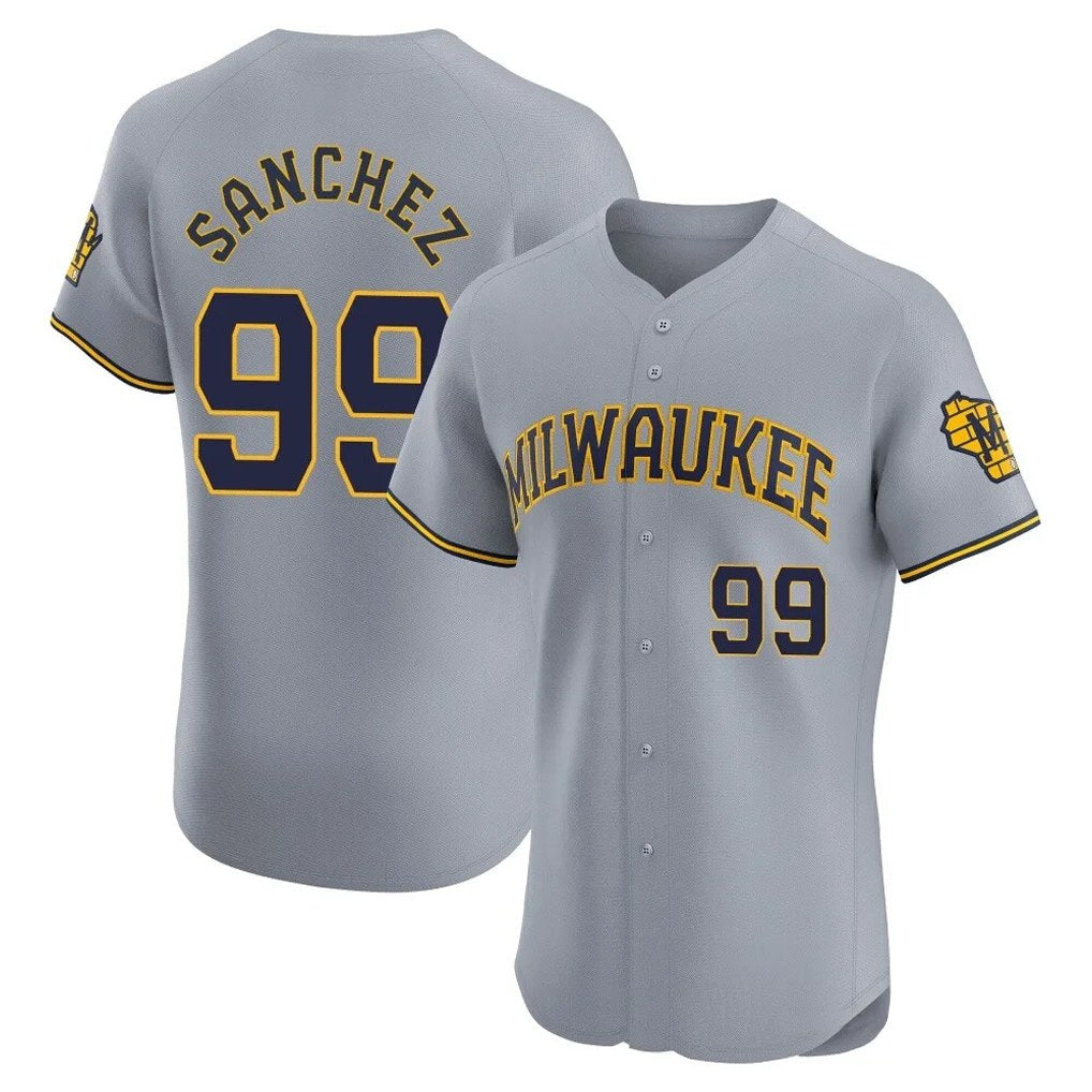 vMilwaukee Brewers #99 Gary Sanchez Player Gray HeidiMiller Home Limited Elite Stitched Jerseys
