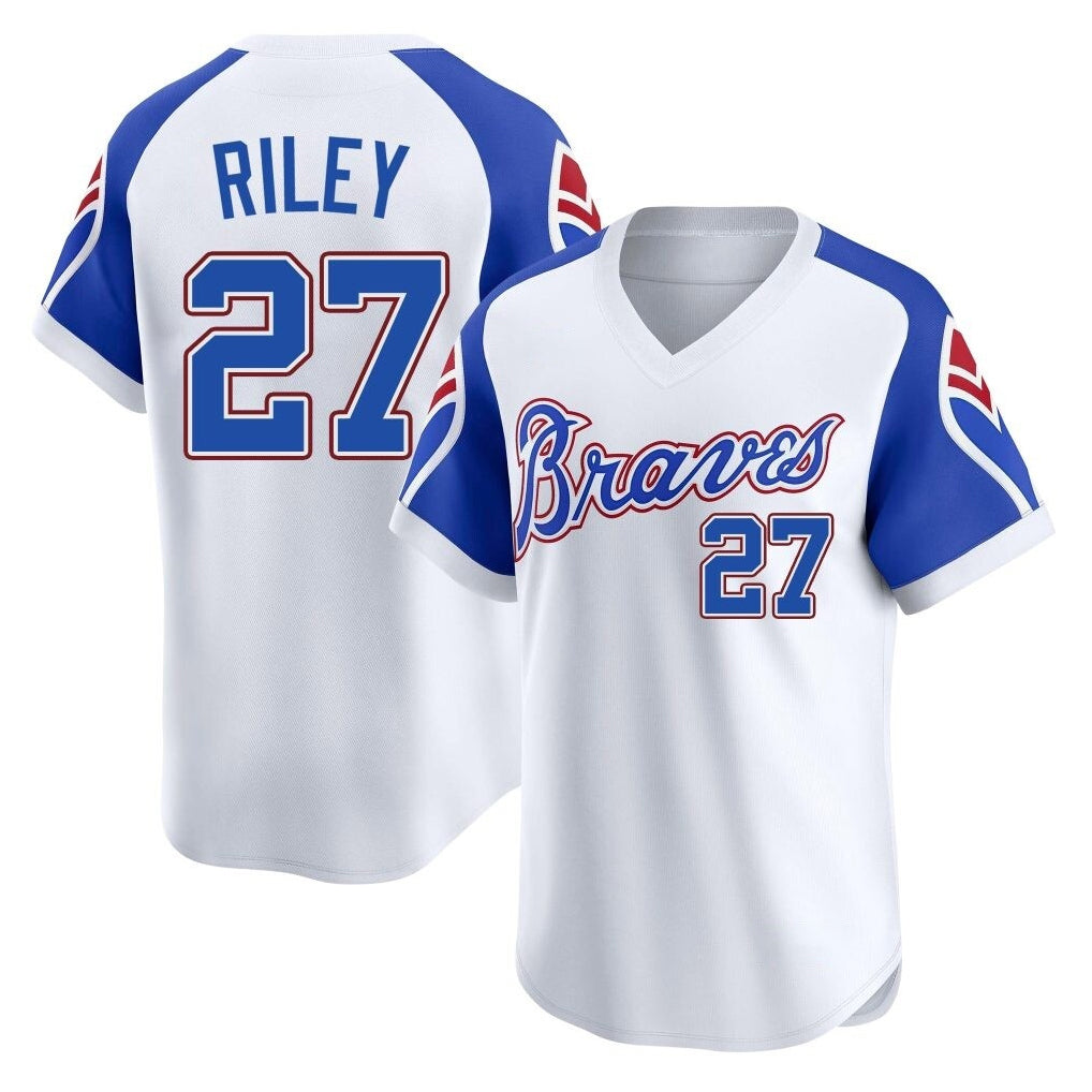 Atlanta Braves #27 Austin Riley Player White HeidiMiller Throwback Cooperstown Collection T-shirt Game Stitched Jerseys
