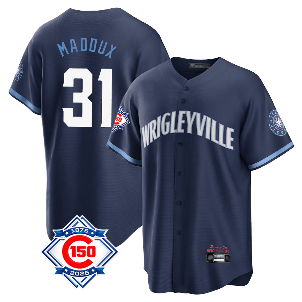 Chicago Cubs #31 Greg Maddux Player Navy HeidiMiller 150th Anniversary City Connect Home Game Stitched Jerseys