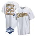 Los Angeles Dodgers #22 Clayton Kershaw Player White Gold HeidiMiller World Series Meet Collection Game Home Stitched Jerseys