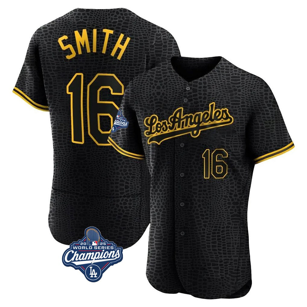 Los Angeles Dodgers #16 Will Smith Player Black HeidiMiller World Series Meet Snake Skin City Limited Elite Home Stitched Jerseys