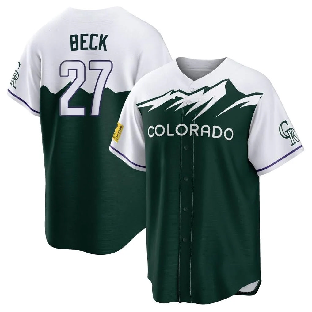 Colorado Rockies #27 Jordan Beck Player Green HeidiMiller City Connect Home Game Stitched Jerseys
