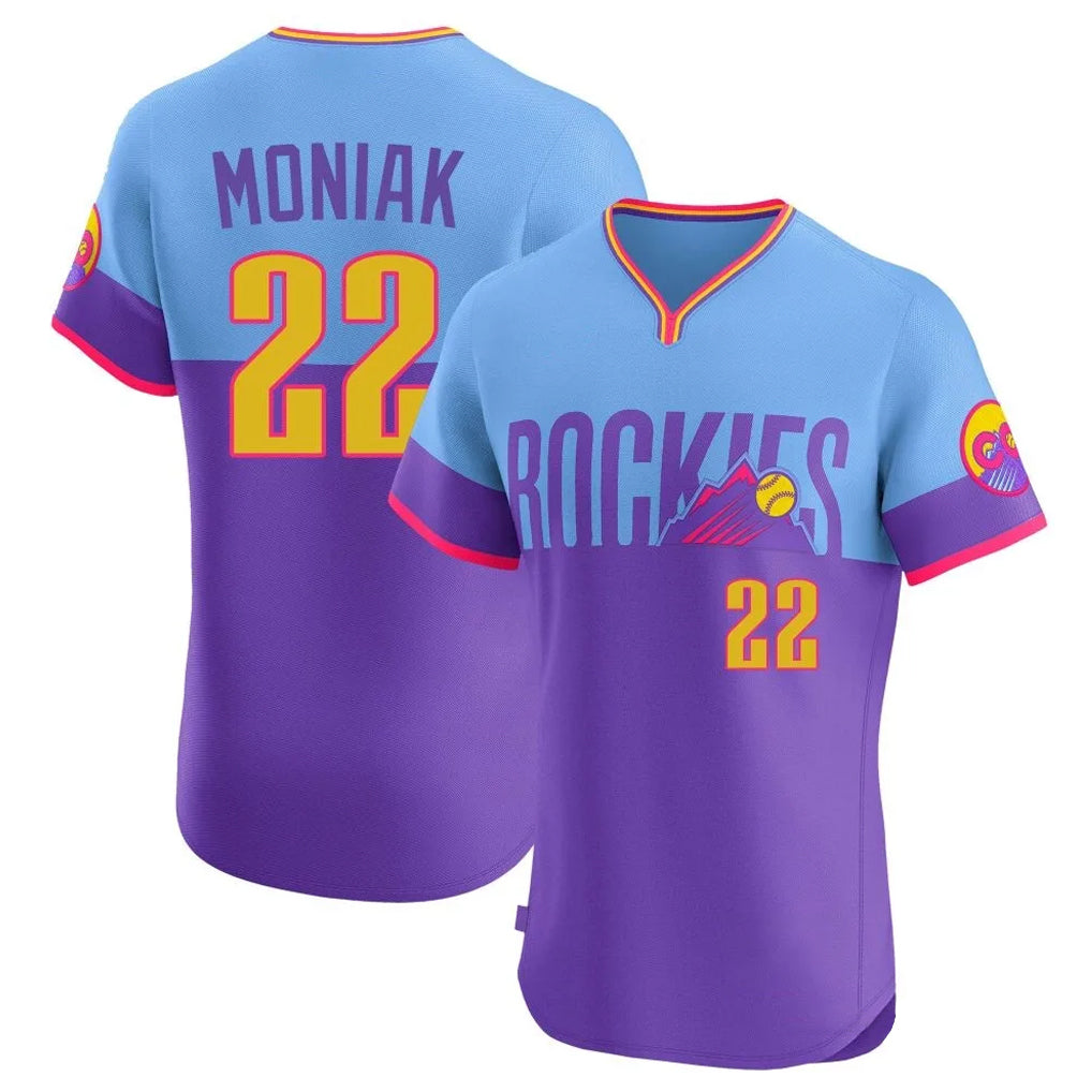 Colorado Rockies #22 Mickey Moniak Player Purple-Light Blue HeidiMiller City Connect Limited Elite Home T-shirt Stitched Jerseys
