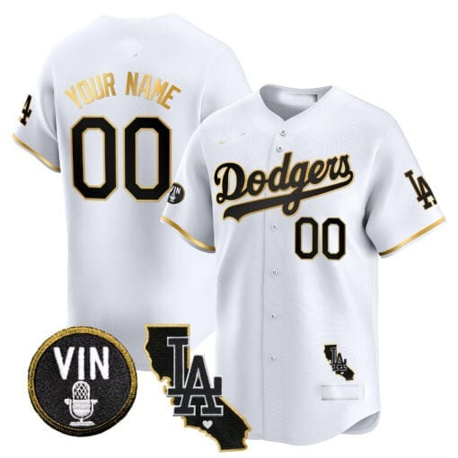Custom Los Angeles Dodgers Vin & California Patch Gold Trim Vapor Premier Limited Jersey ¨C White Gold HeidiMiller