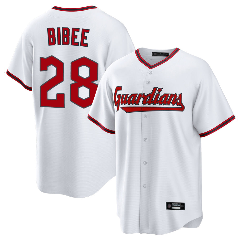 Cleveland Guardians #28 Tanner Bibee Player White HeidiMiller Game Home Stitched Jerseys