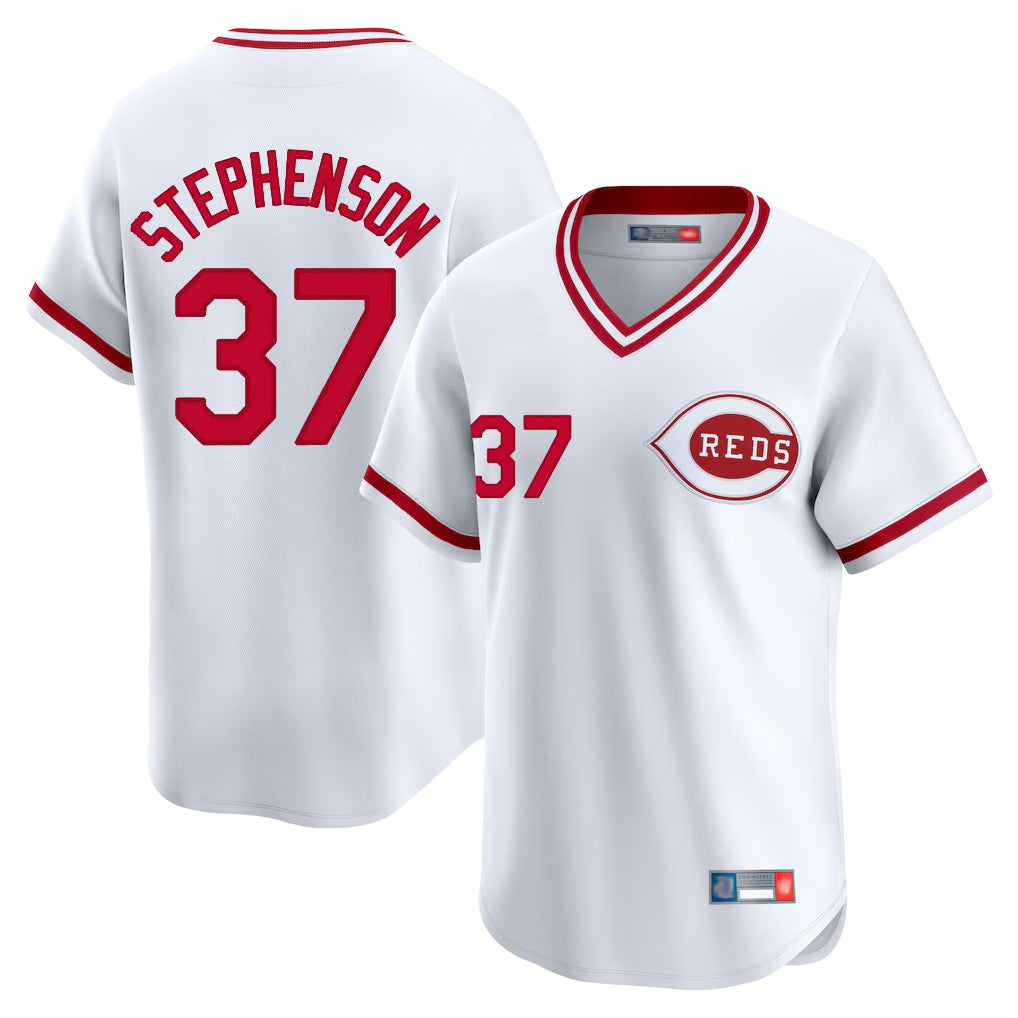 Cincinnati Reds #37 Tyler Stephenson Player White HeidiMiller Cooperstown Collection Limited T-shirt Home Stitched Jerseys