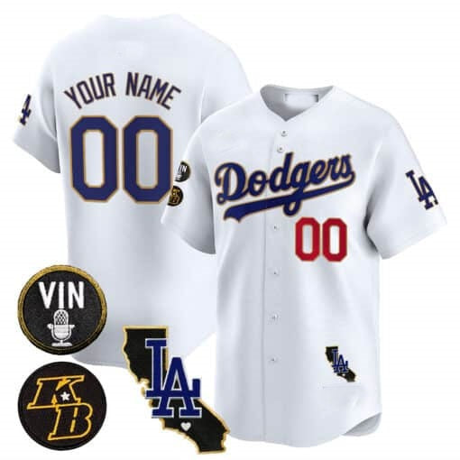 Custom Los Angeles Dodgers Vin Patch & Kobe Bryant Gold Trim Vapor Premier Limited Jersey V2 ¨C White HeidiMiller