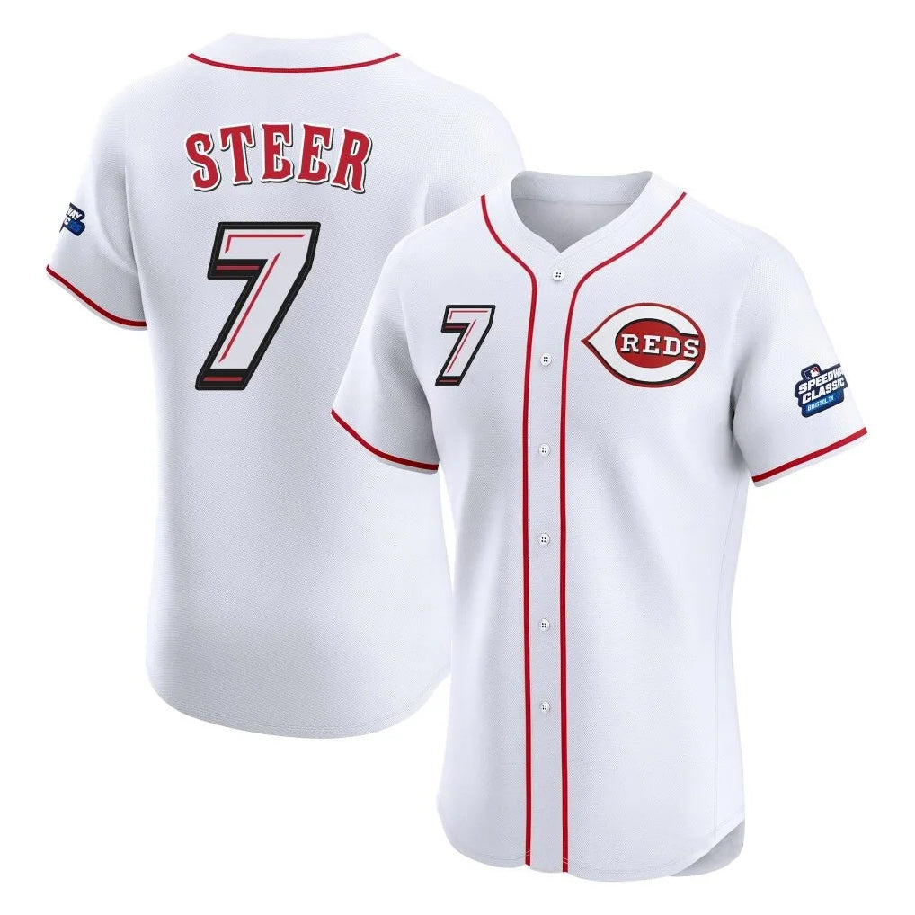 Cincinnati Reds #7 Spencer Steer Player White HeidiMiller Speedway Classic Limited Elite Home Stitched Jerseys