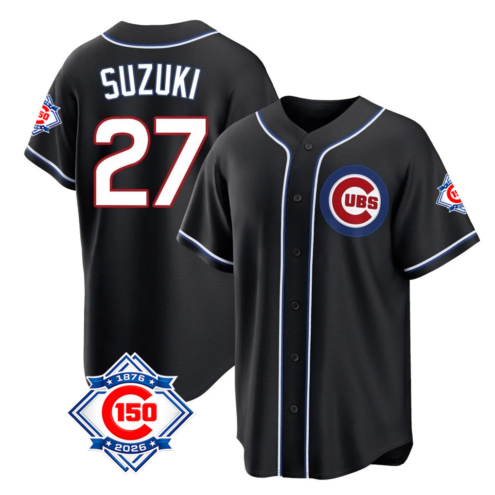Chicago Cubs #27 Seiya Suzuki Player Black HeidiMiller Fashion Out 150th Anniversary Game Stitched Jerseys