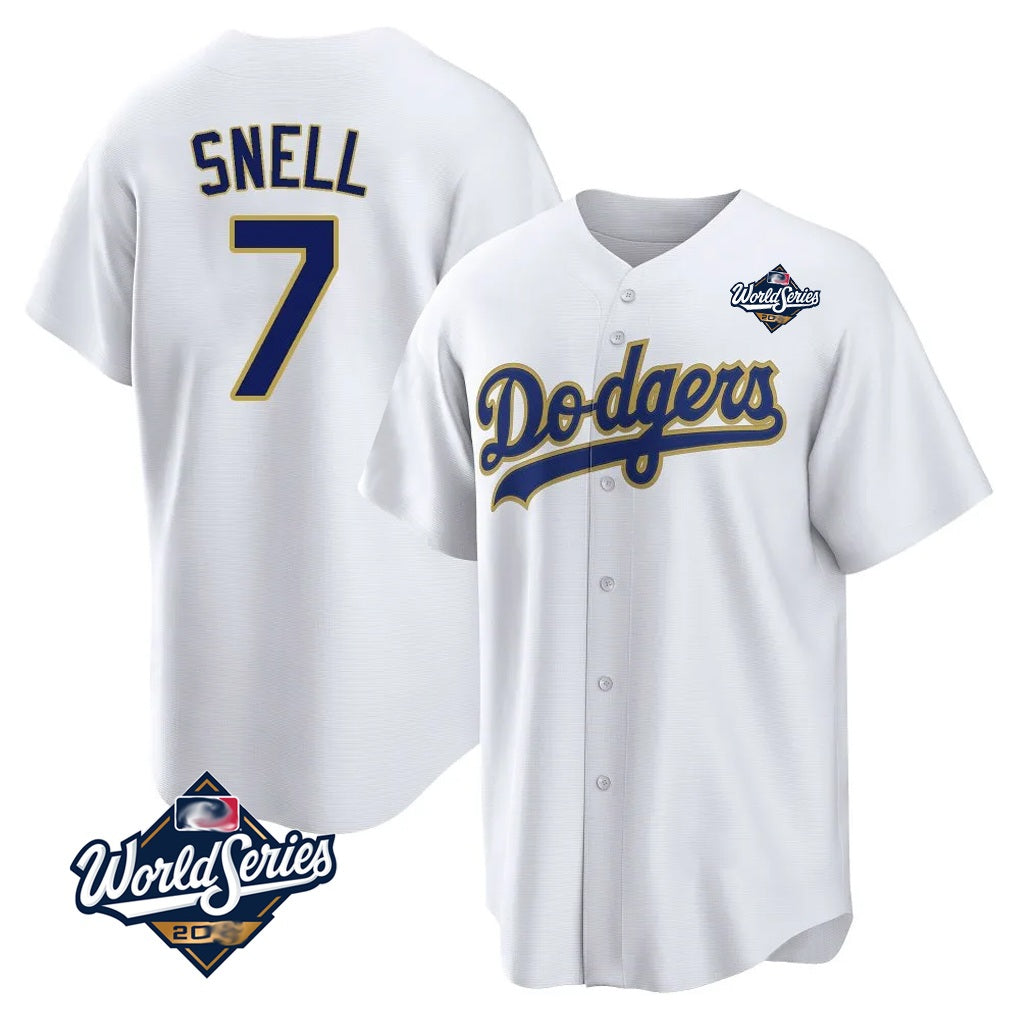 Los Angeles Dodgers #7 Blake Snell Player Gold White HeidiMiller World Series Home Game Stitched Jerseys