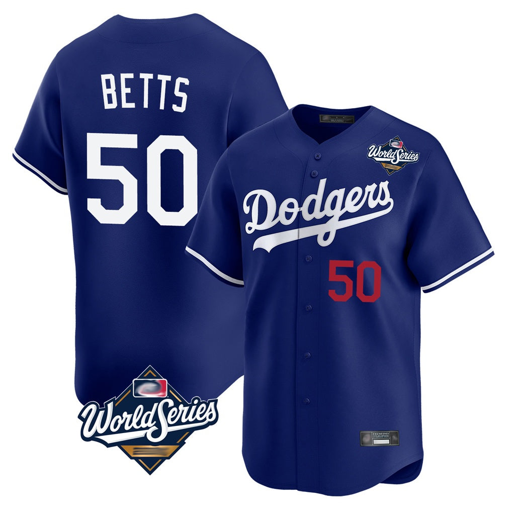 Los Angeles Dodgers #50 Mookie Betts Player Royal HeidiMiller World Series Limited Home Stitched Jerseys