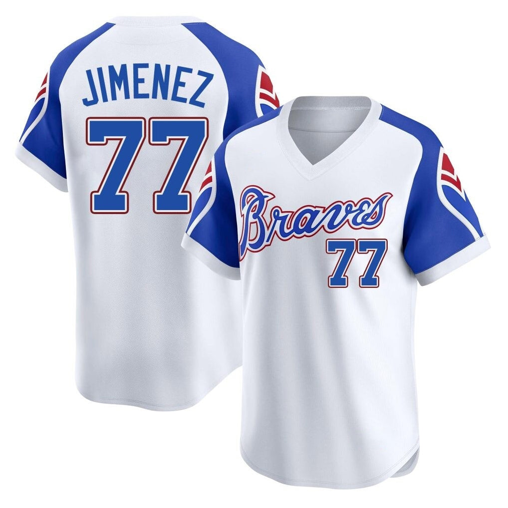 Atlanta Braves #77 Joe Jimenez Player White HeidiMiller Throwback Cooperstown Collection T-shirt Game Stitched Jerseys