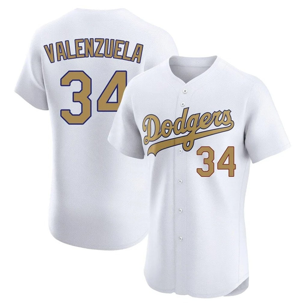 Los Angeles Dodgers #34 Fernando Valenzuela Player White Gold HeidiMiller Limited Elite Home Stitched Jerseys