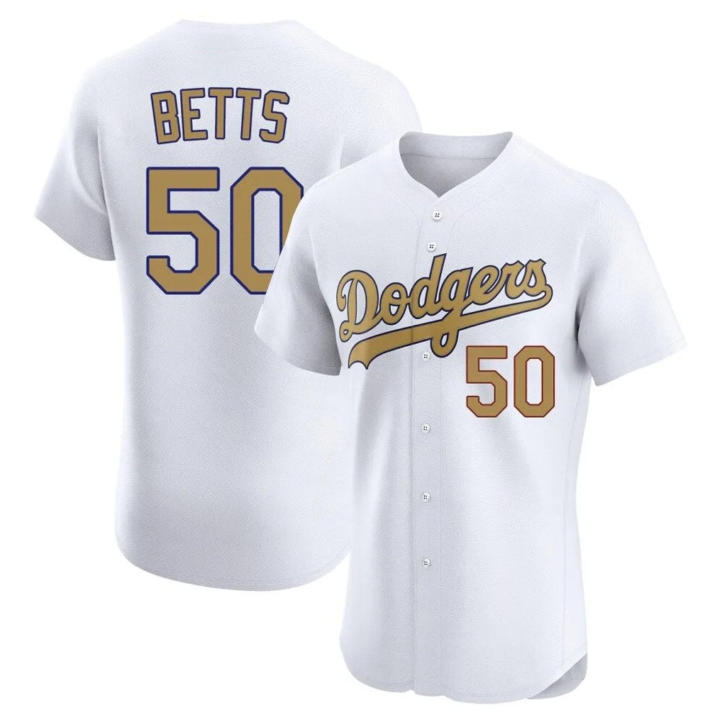 Los Angeles Dodgers #50 Mookie Betts Player Gold White Gold HeidiMiller Limited Elite Home Stitched Jerseys