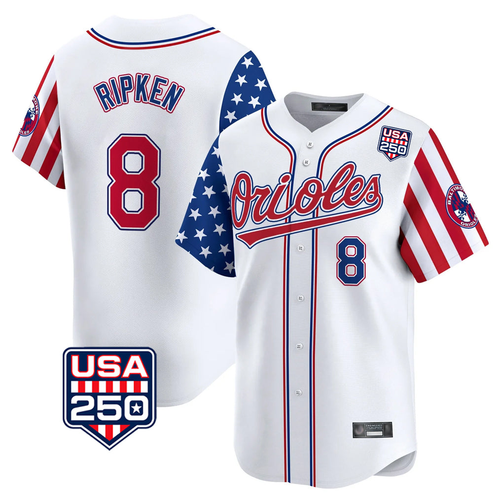 Baltimore Orioles #8 Cal Ripken Player White HeidiMiller USA 250 Independence Day Vapor Premier Home Game Stitched Jerseys