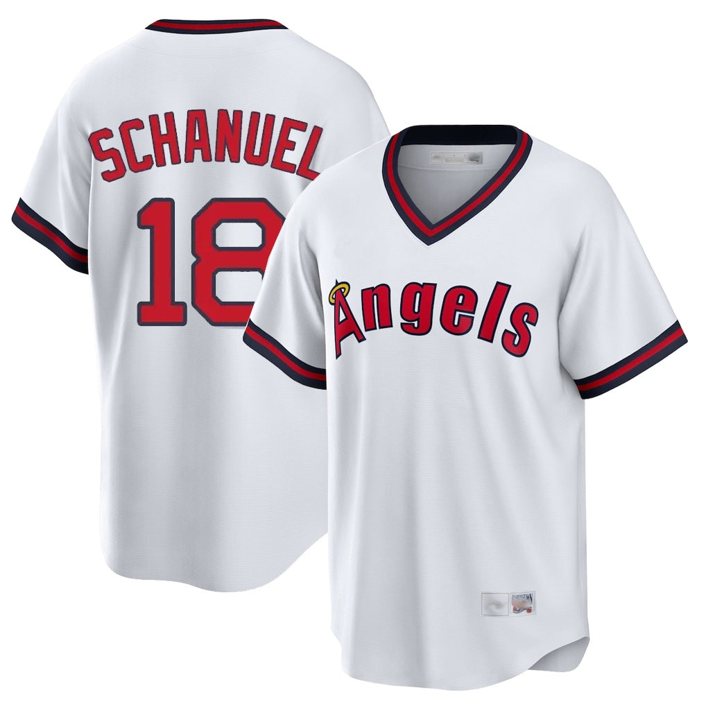 Los Angeles Angels #18 Nolan Schanuel Player White HeidiMiller T-shirt Home Game Stitched Jerseys