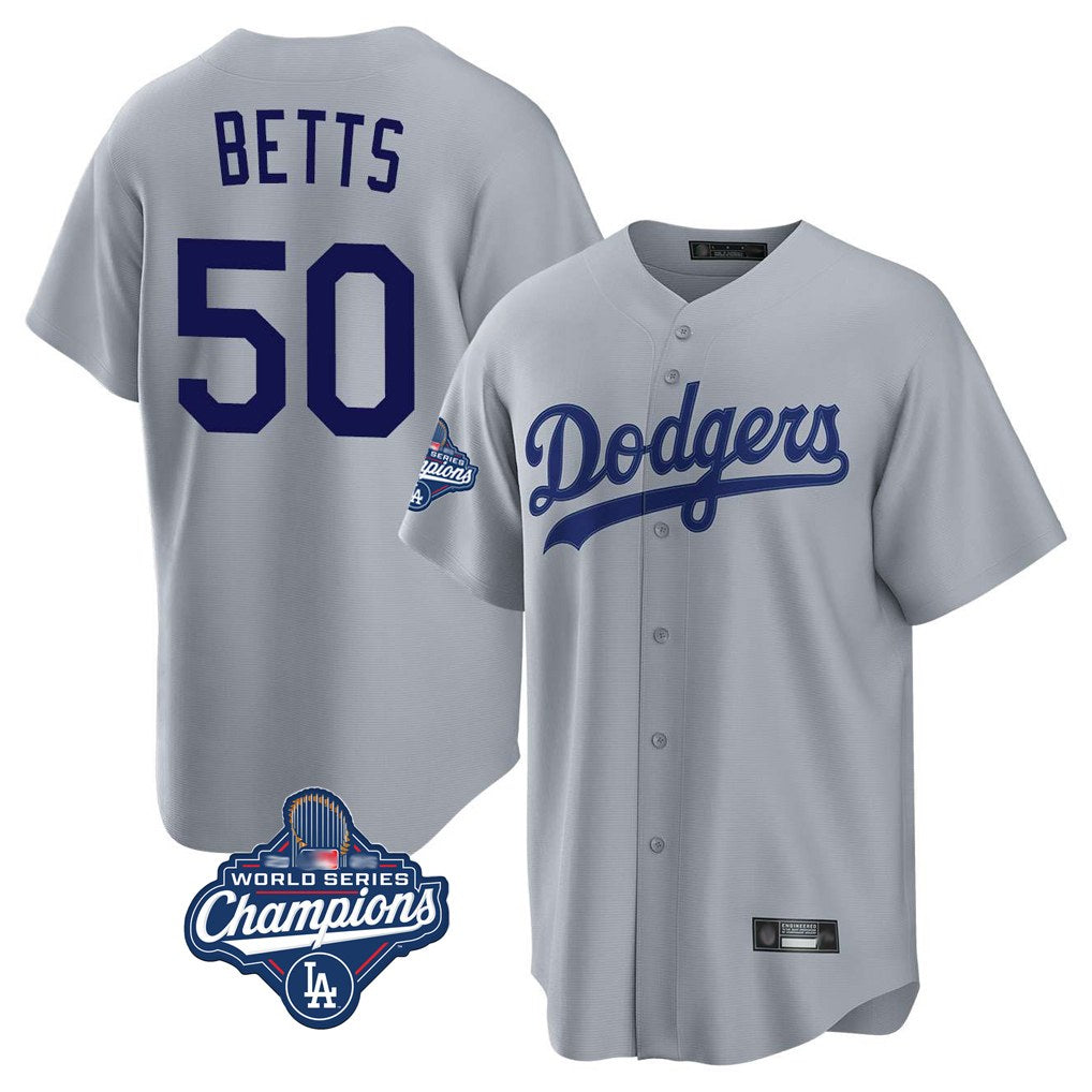 Los Angeles Dodgers #50 Mookie Betts Player Gray HeidiMiller World Series Meet Game Stitched Jerseys
