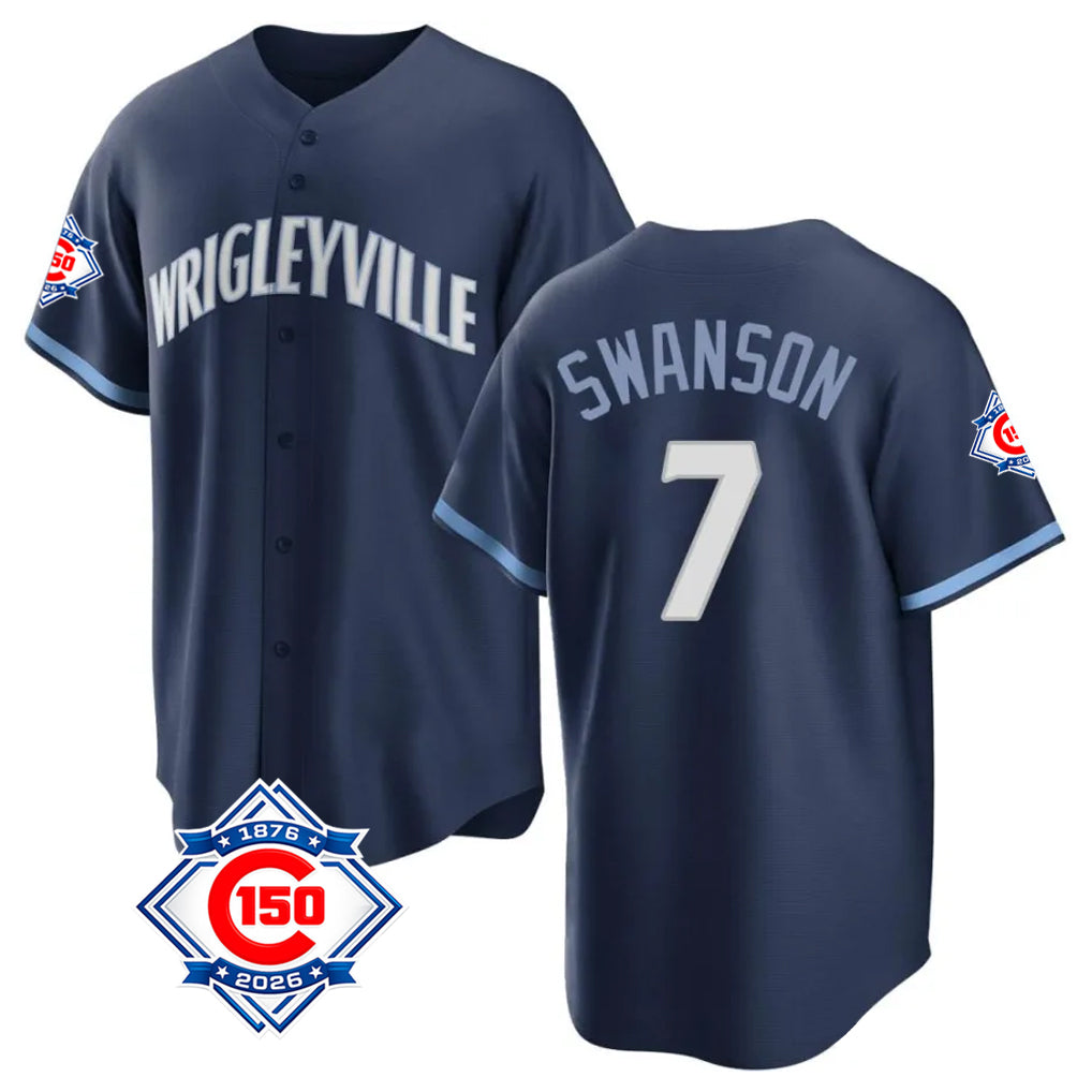 Chicago Cubs #7 Dansby Swanson Player Navy HeidiMiller 150th Anniversary City Connect Home Game Stitched Jerseys