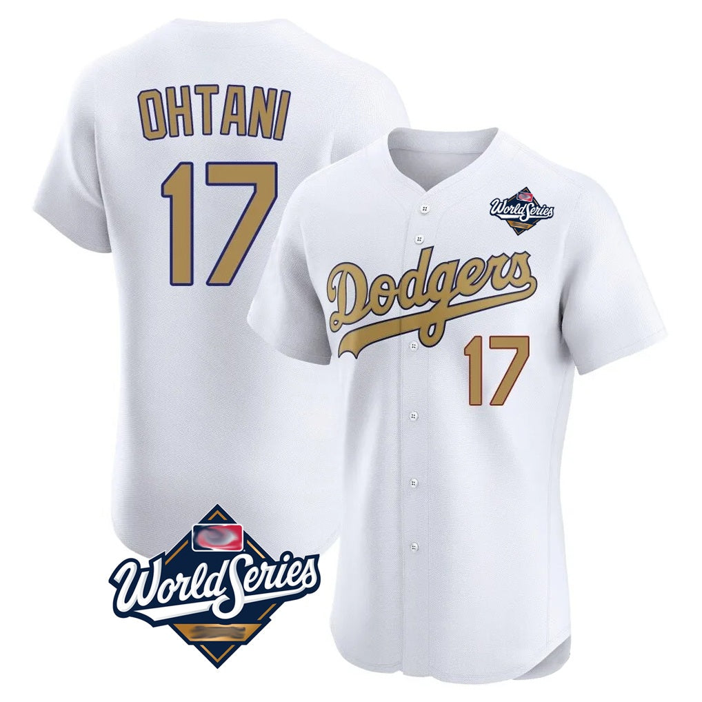 Los Angeles Dodgers #17 Shohei Ohtani Player White Gold HeidiMiller World Series Limited Elite Home Stitched Jerseys