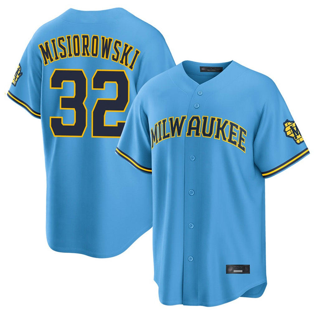 Milwaukee Brewers #32 Jacob Misiorowski Player Light Blue HeidiMiller Road Stadium Game Stitched Jerseys